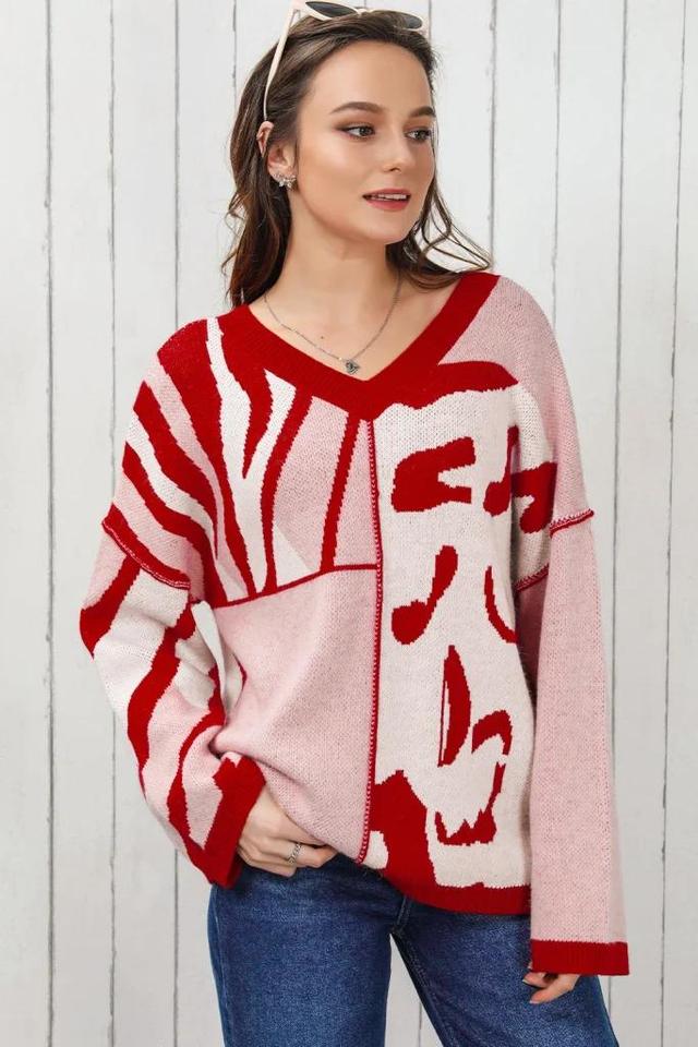 Olivia Mark – Oversize Knit Sweater with Ribbed Trim and Mixed Pattern Product Image