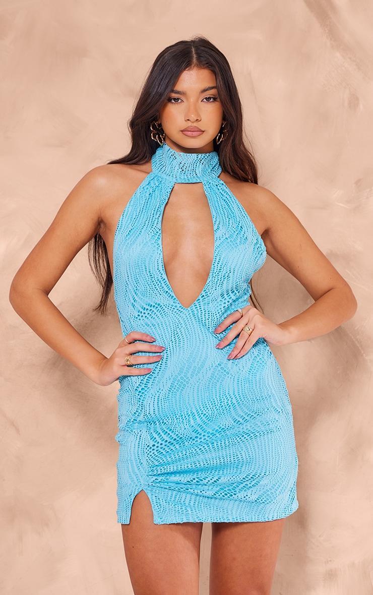 Bright Blue Crochet High Neck Halterneck Mini Dress Product Image