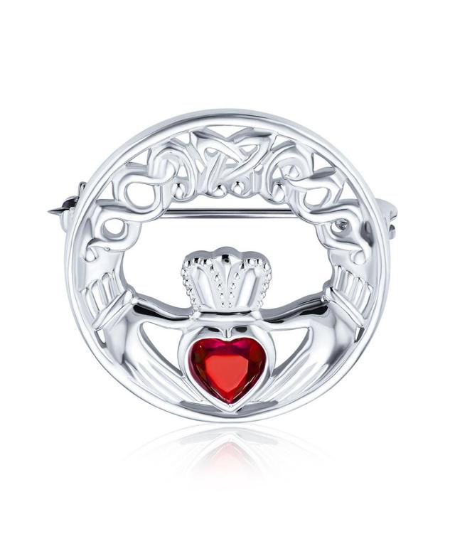 Bling Jewelry Irish Celtic Round Circle Claddagh Brooch Pin For Women Red Heart Shaped Cz Sterling Silver Product Image