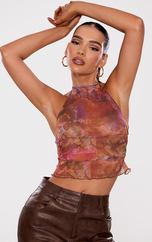 Pink Printed Mesh Double Tie Back Top Product Image