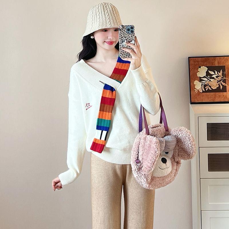 Maternity V-Neck Plain Striped Panel Sweater Product Image