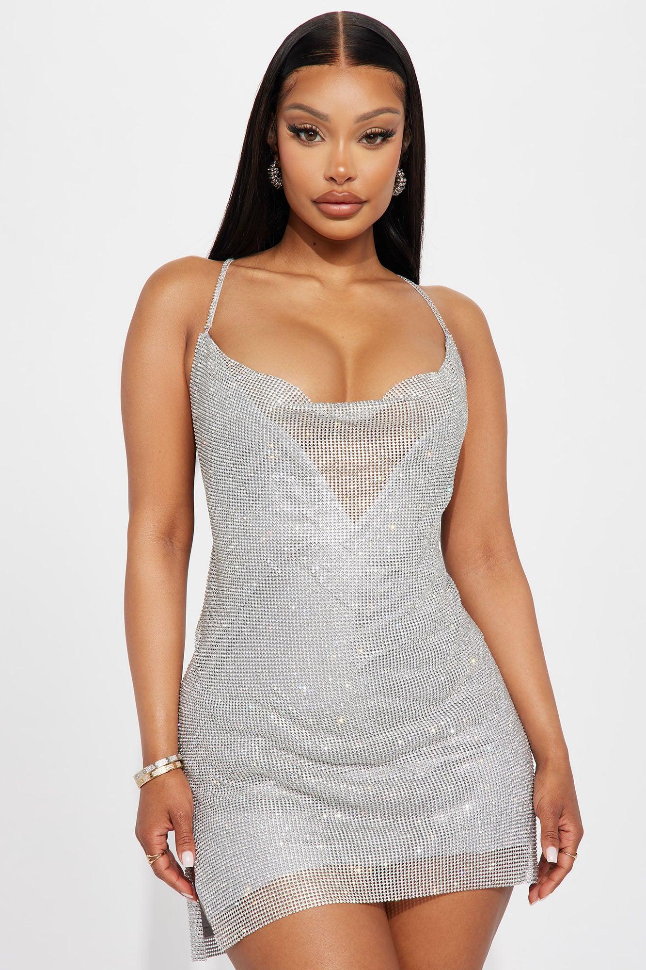 Isabelle Rhinestone Mini Dress - Silver Product Image