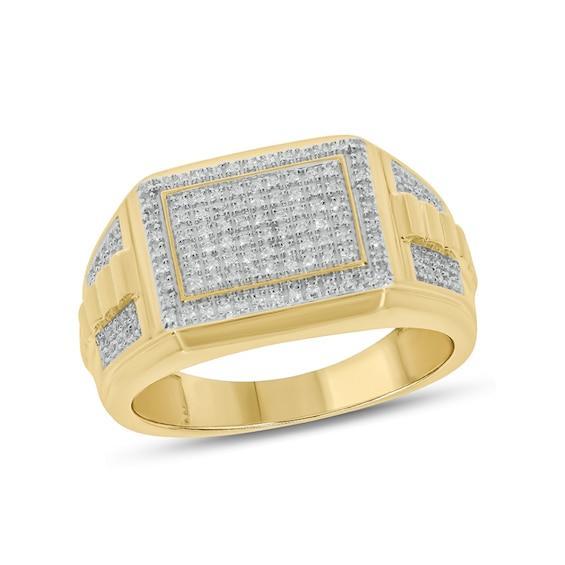 Men's 1/3 CT. T.w. Composite Diamond Frame Rectangle-Top Ribbed Shank Ring in 10K Gold Product Image