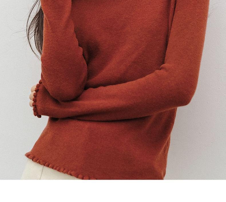 Long-Sleeve Mock Neck Plain Lettuce Edge Slim Fit Knit Top Product Image