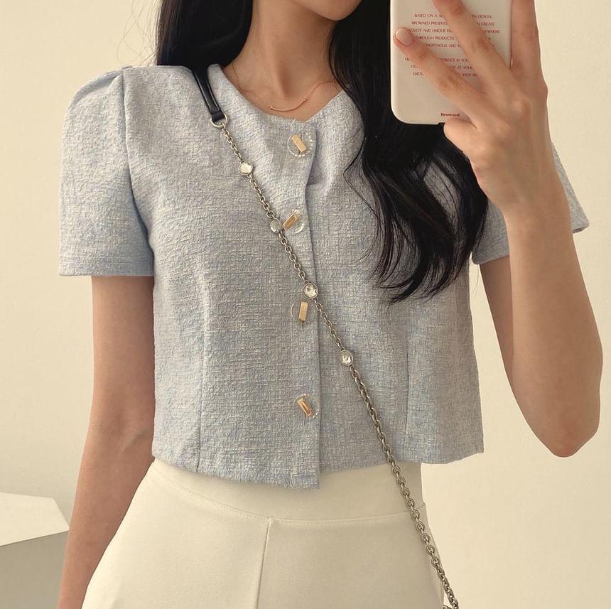 Short-Sleeve Round Neck Plain Blouse Product Image