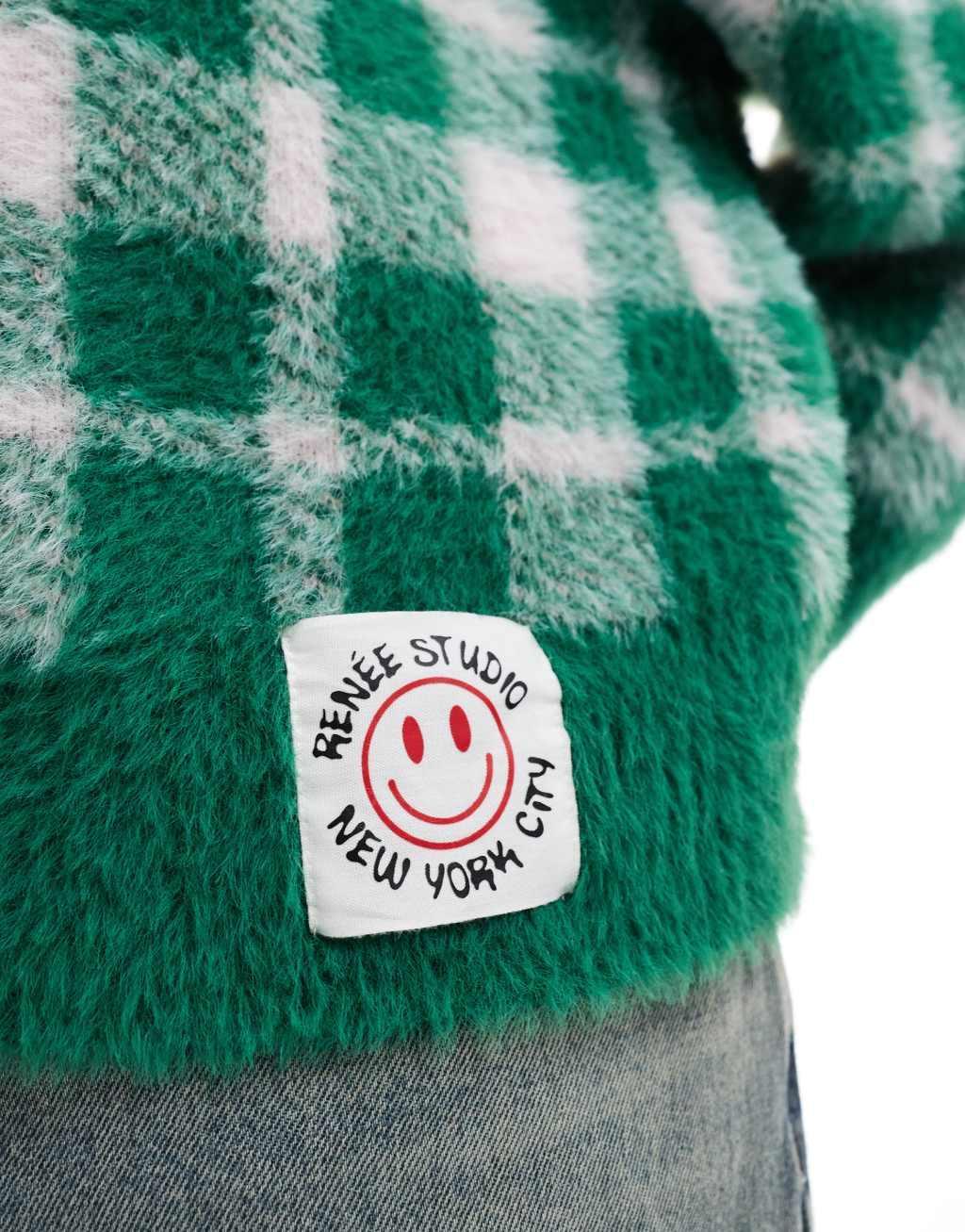 Renee Studio exclusive fluffy button through logo patch cardigan in green check Product Image