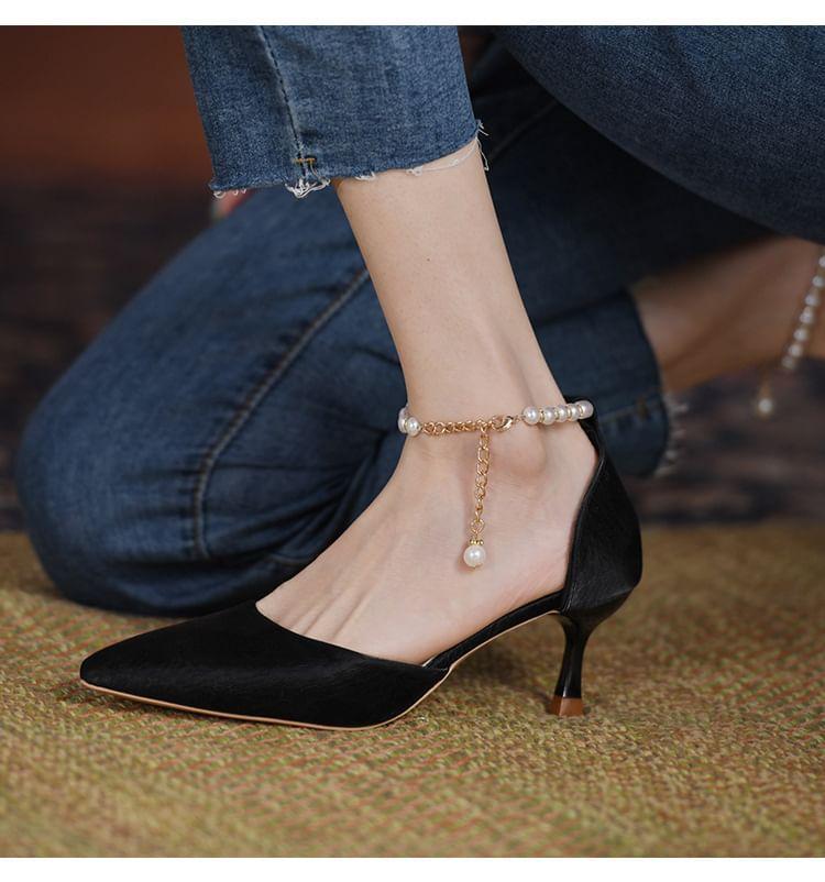 High Heel Pointed Toe Faux Pearl Ankle Strap D'Orsay Pumps Product Image