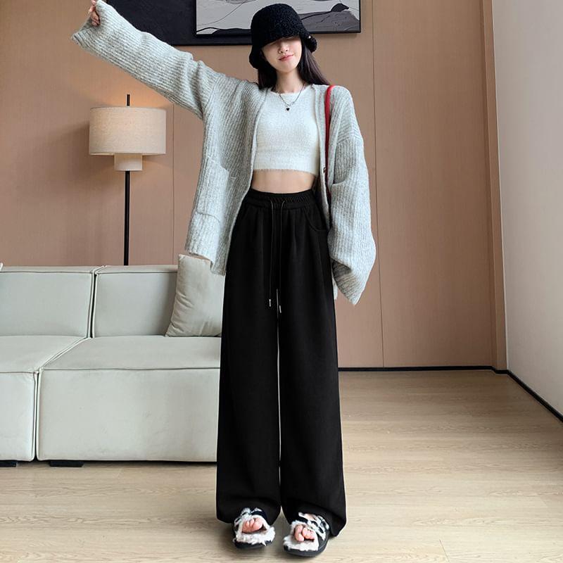 Drawstring Waist Plain Wide Leg Sweatpants Product Image