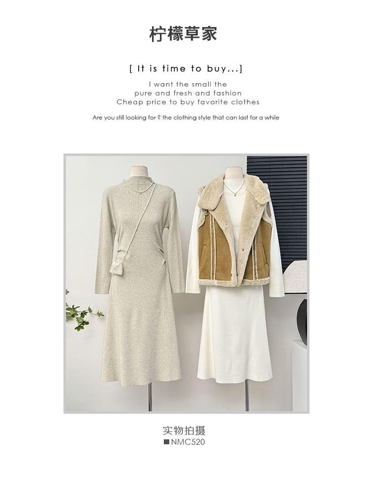 Mock-Neck Ruched Midi A-Line Dress Product Image