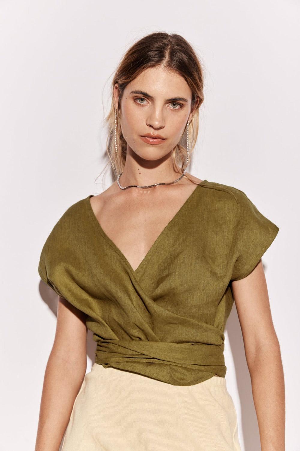 Sea Glass Linen Wrap Top Olive Product Image