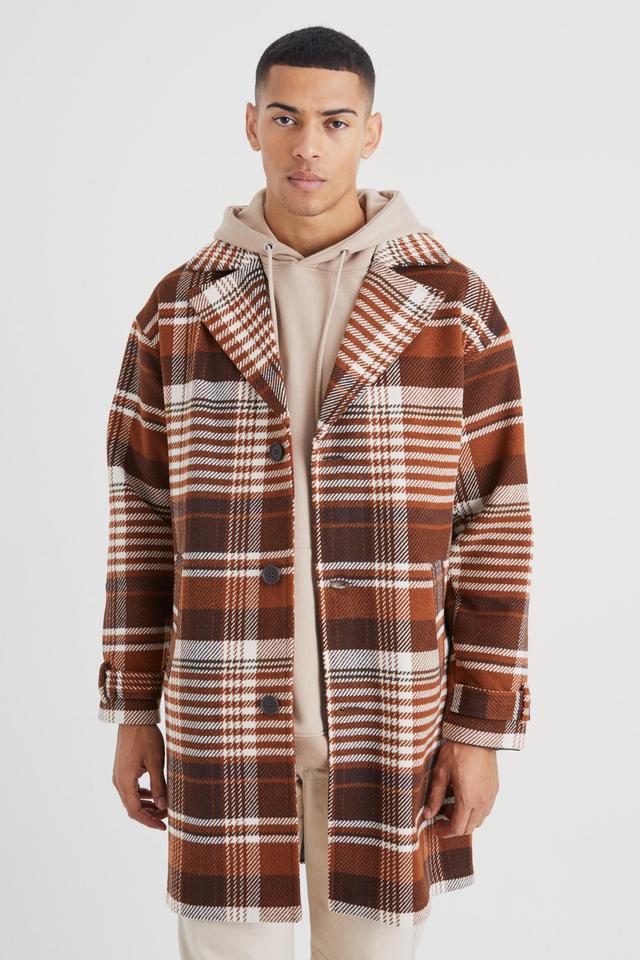 Wool Look Check Single Breasted Overcoat | boohooMAN USA Product Image