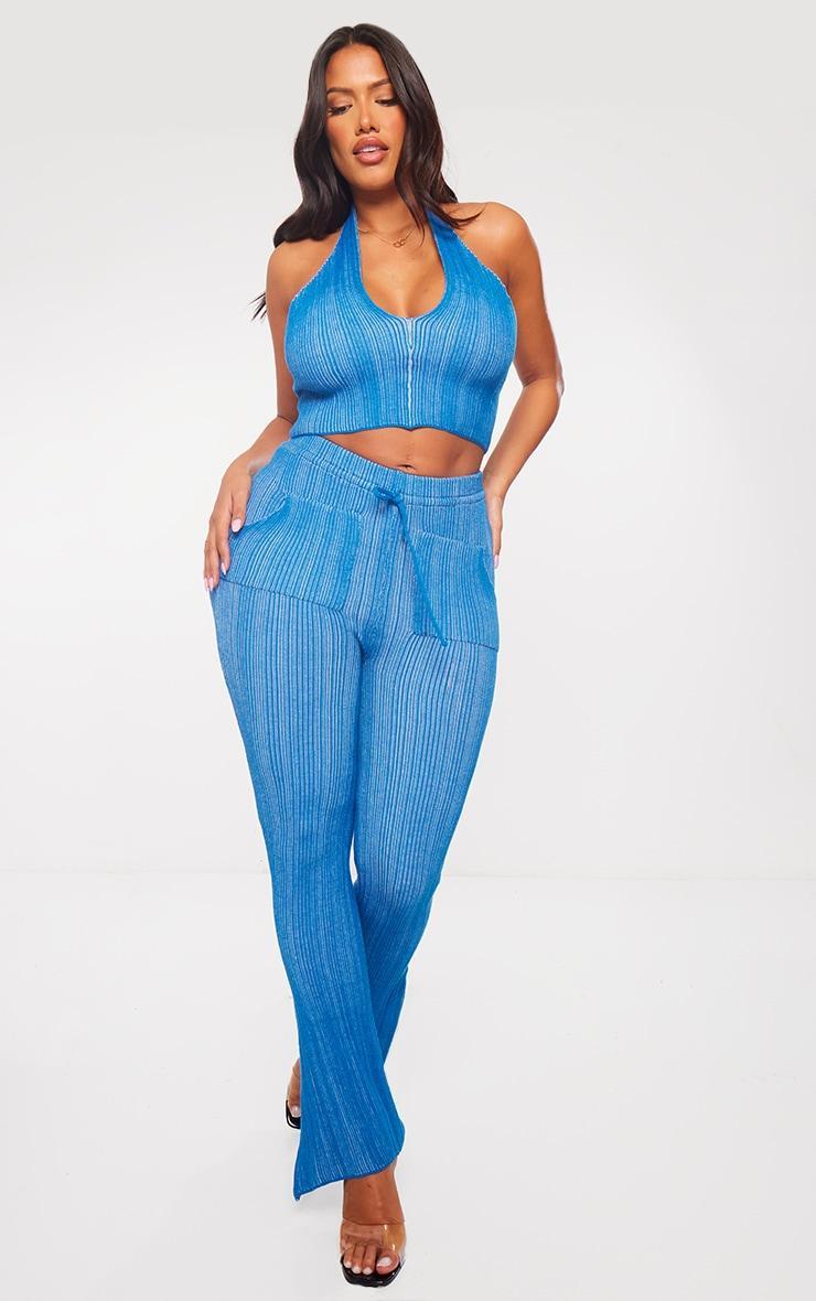 Shape Bright Blue Knit Contrast Drawstring Flare Pants product image