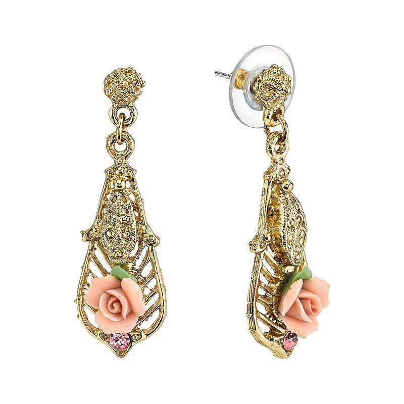 1928 Porcelain Rose Filigree Drop Earrings, Womens, Pink Product Image