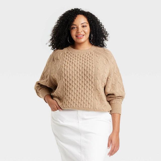 Womens Crewneck Cable Knit Pullover Sweater - Universal Thread Tan XXL Product Image