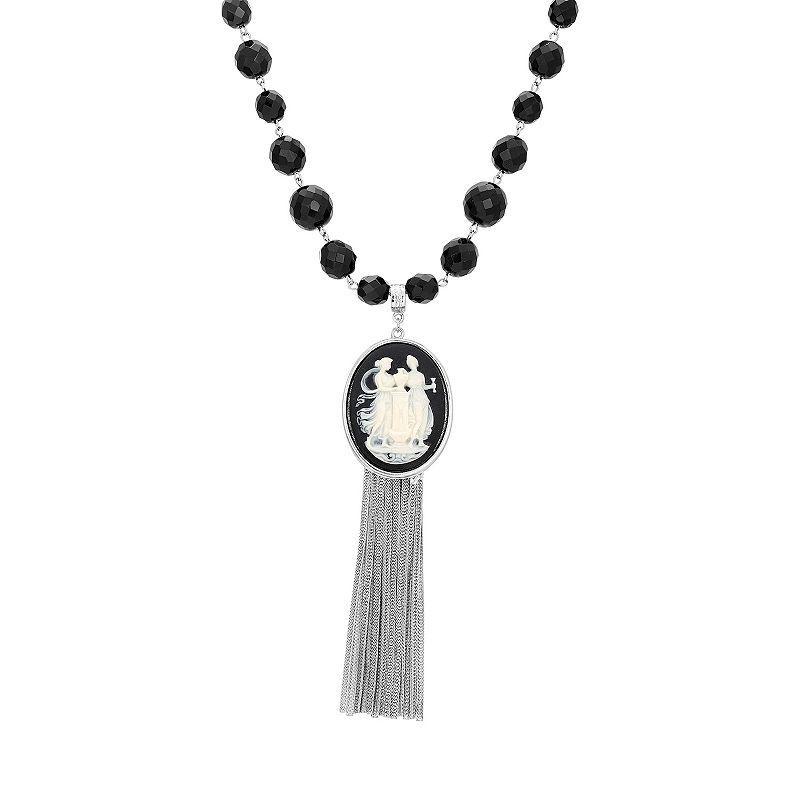 1928 Silver Tone Black Cameo Chain Fringe Drop Necklace, Womens, Turquoise/Blue Product Image