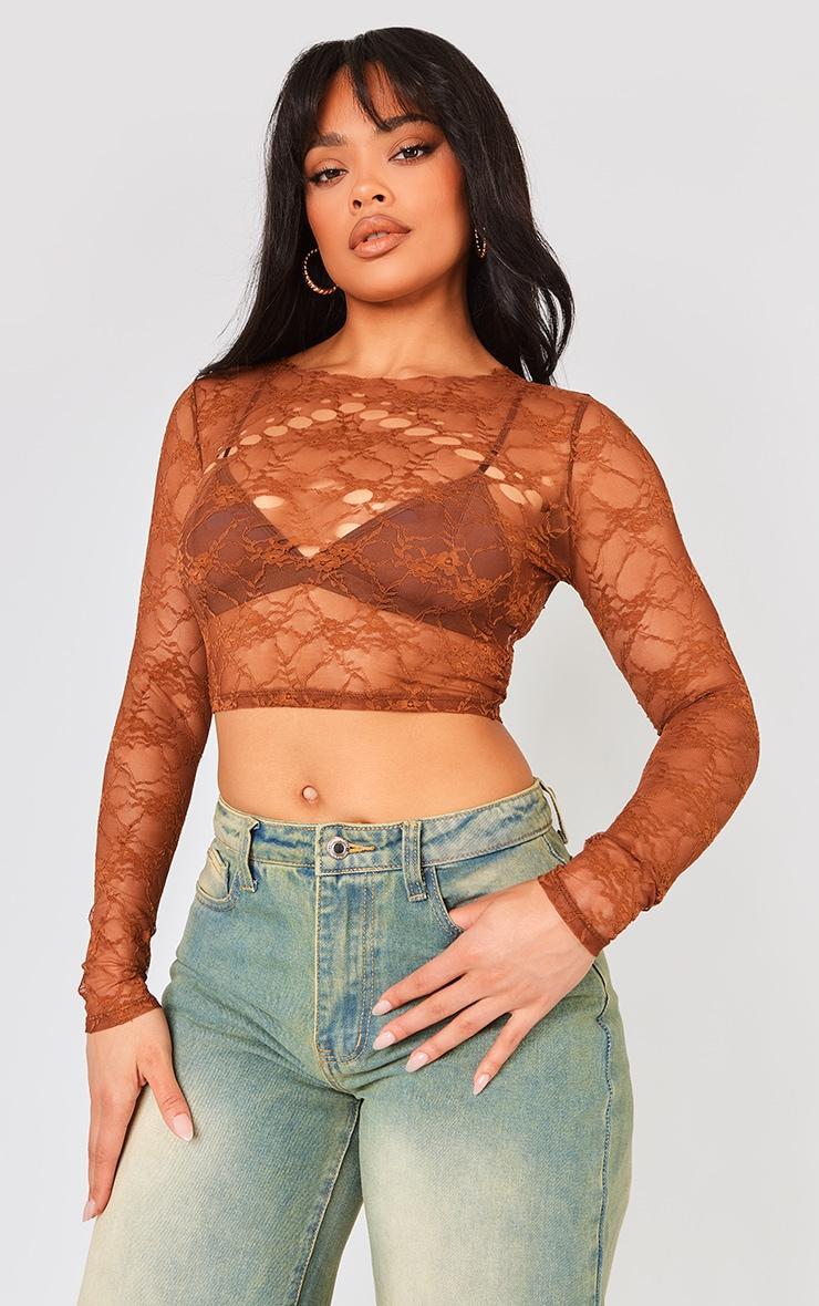 Brown Lace Cut Out Long Sleeve Top product image