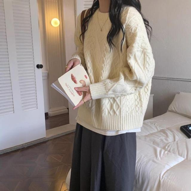 Crew Neck Plain Cable-Knit Oversized Sweater Product Image