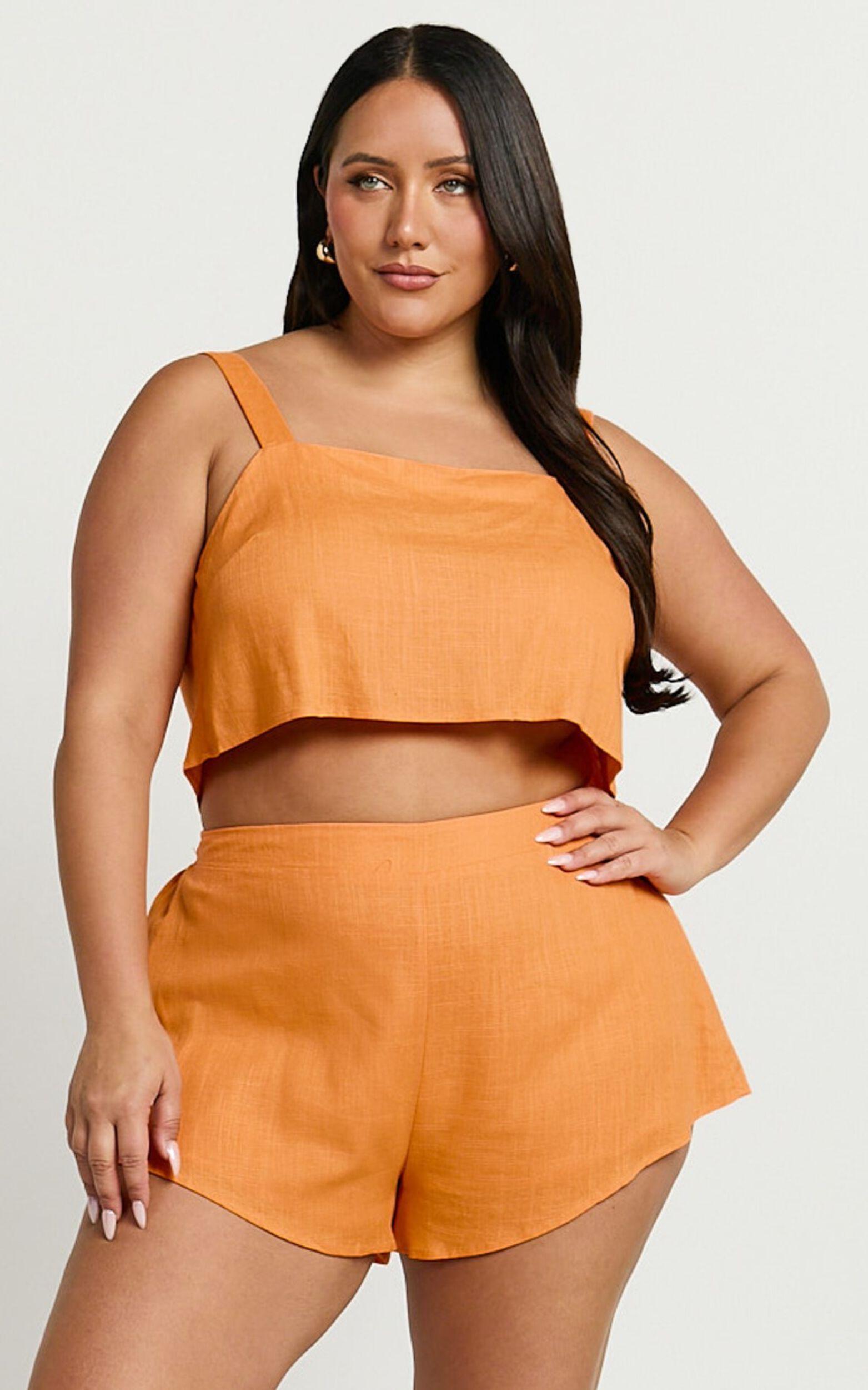 Zanrie Two Piece Set - Linen Look Square Neck Crop Top and High Waist Mini Flare Shorts Set in Orange Product Image