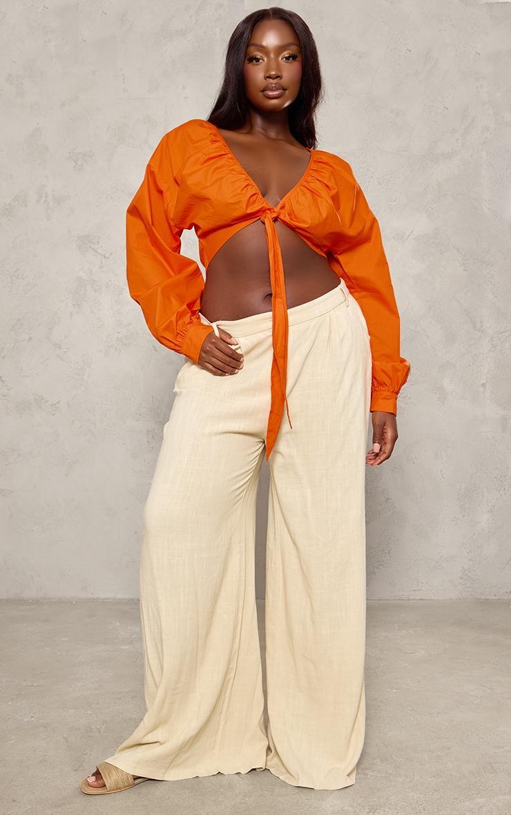 Plus Orange Printed Tie Front Ruched Blouse Product Image