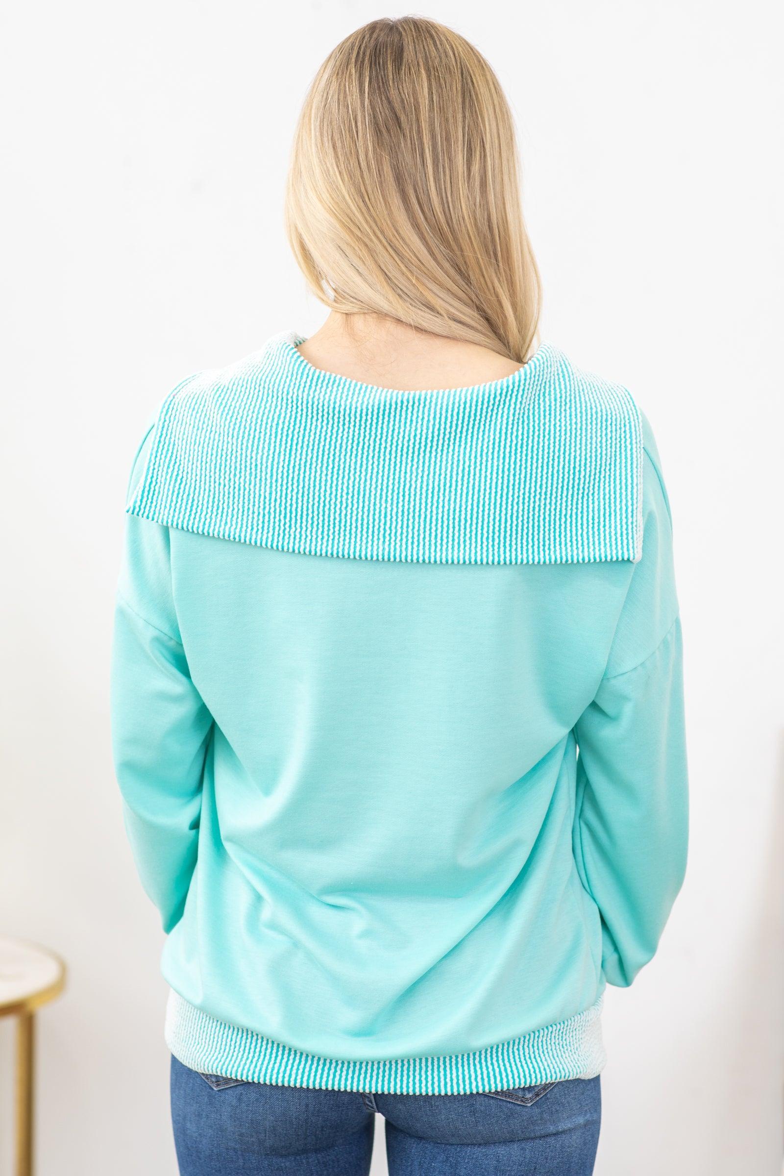 Turquoise Long Sleeve Rib Detail Knit Top Product Image