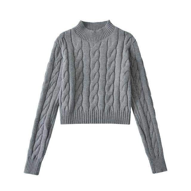 Mock Neck Plain Cable Knit Crop Sweater Product Image