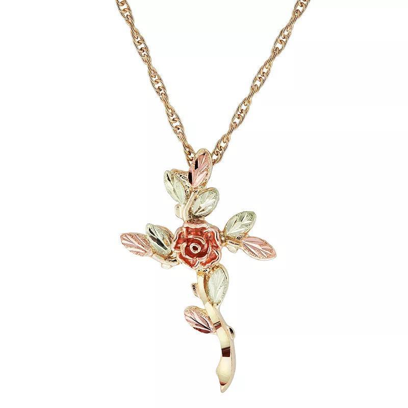 Black Hills Gold Tri-Tone Rose Cross Pendant Necklace, Womens 10k Gold Product Image