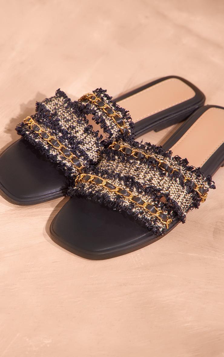 Black Round Toe Boucle Chain Strap Mule Sandals Product Image