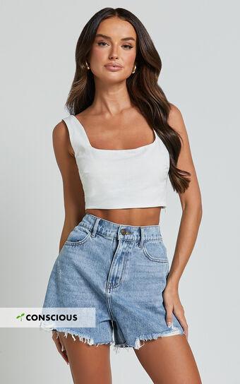 Renee Shorts - High Waisted Frayed Hem Denim Shorts in Light Blue Wash Product Image