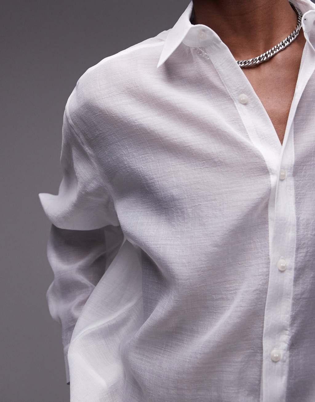 Topman long sleeve sheer shirt in white Product Image