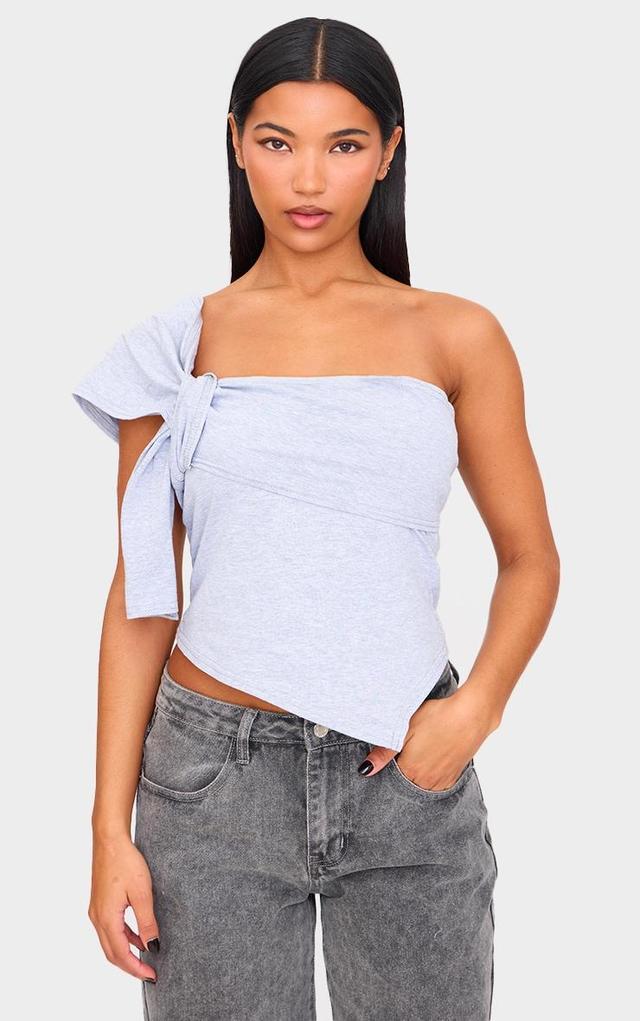 Grey Cotton Knot Detail Asymmetric Shoulder Long Top Product Image