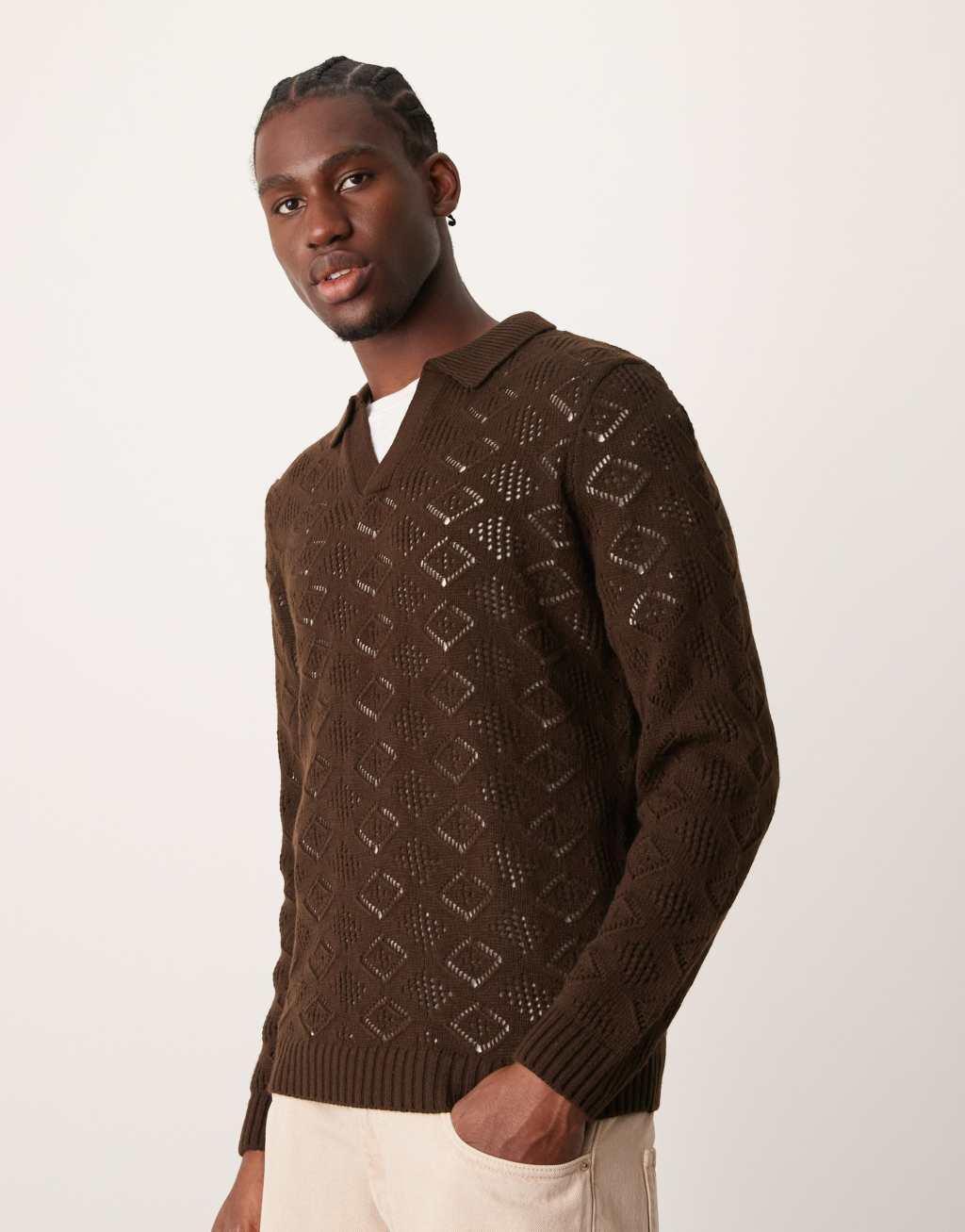 ASOS DESIGN knitted sweater with notch neck in dark brown with texture Product Image