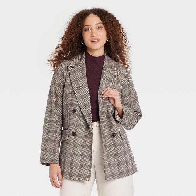 Womens Double Breasted Blazer - A New Day Brown Plaid Product Image