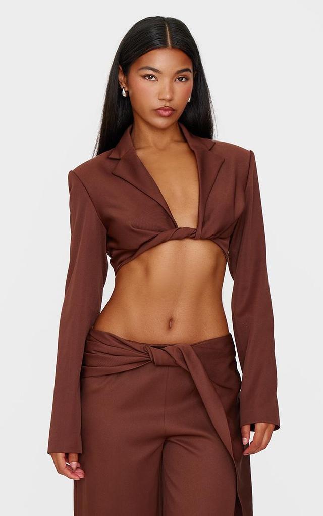 Chocolate Brown Twist Detail Long Sleeve Cropped Blazer Product Image