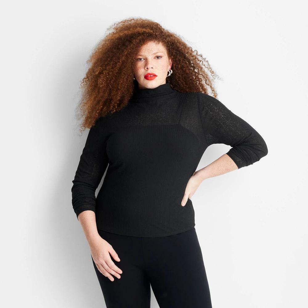 Womens Slim Fit Long Sleeve Mock Neck Sheer Ribbed Top - Future Collective Black Product Image