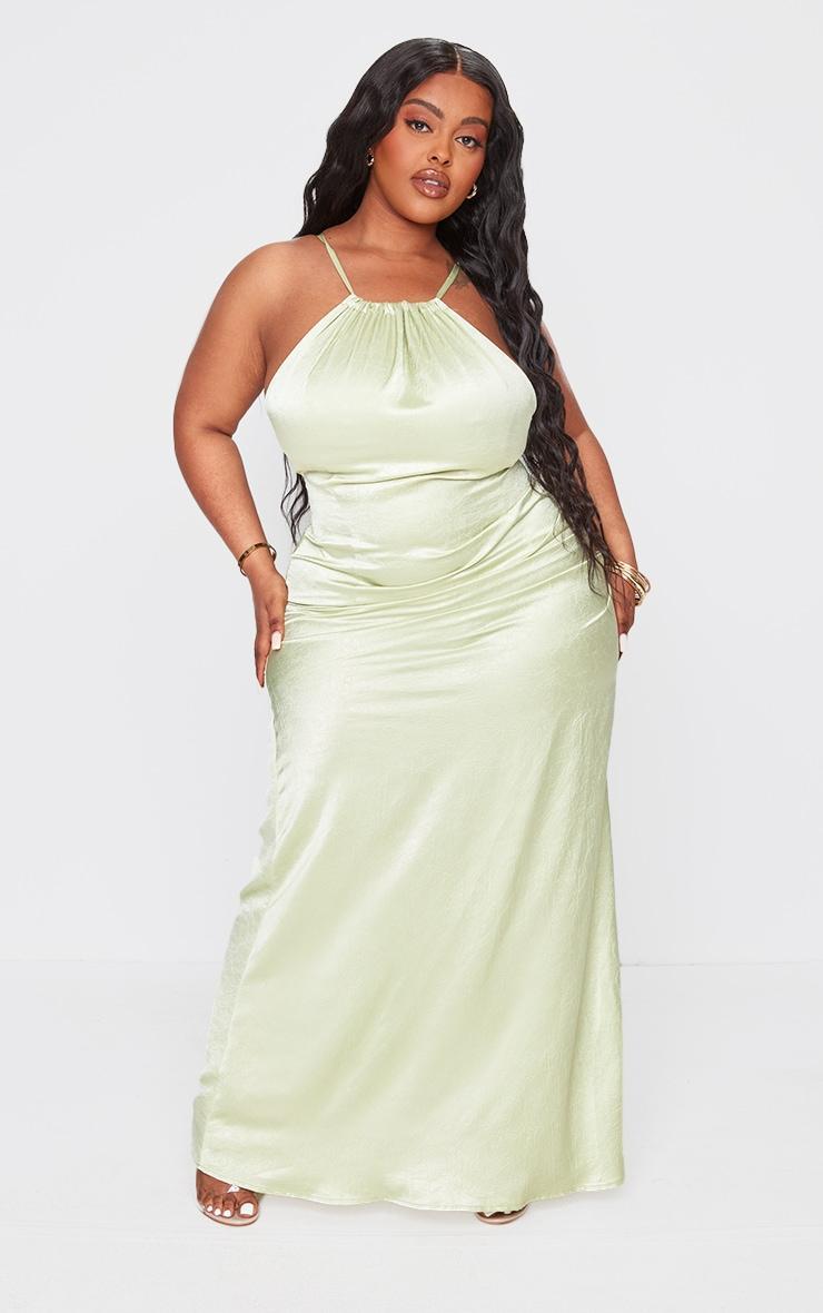 Plus Sage Satin Strappy Ruched Side Midi Dress Product Image