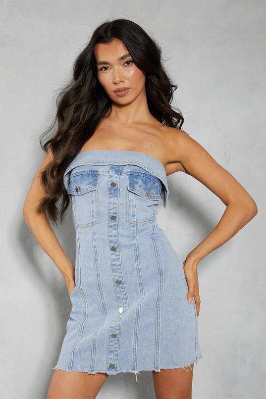 Denim Button Front Raw Hem Mini Dress Product Image