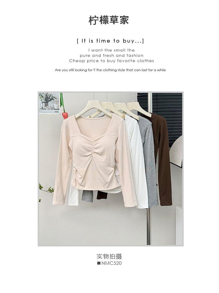 Square-Neck Ruched Crop T-Shirt with Pad in 5 Colors Product Image