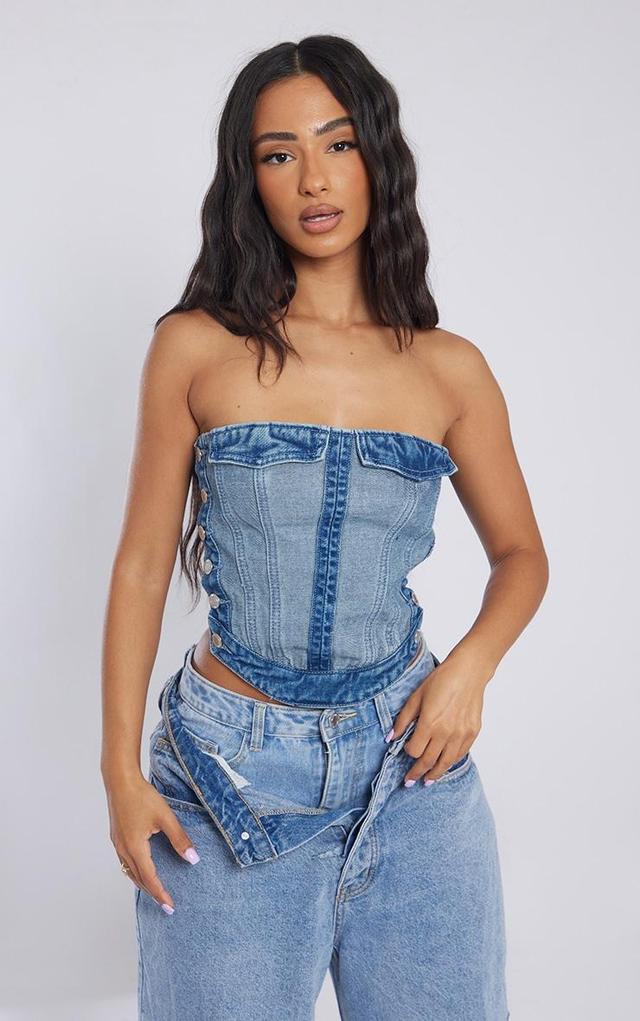 Petite Mid Blue Wash Denim Corset Top With Button Detailing Product Image