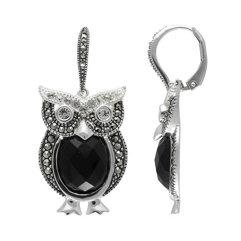 Lavish by TJM Sterling Silver Onyx & Crystal Owl Drop Earrings, Womens, Black Product Image