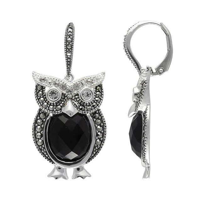 Lavish by TJM Sterling Silver Onyx & Crystal Owl Drop Earrings, Womens, Black Product Image