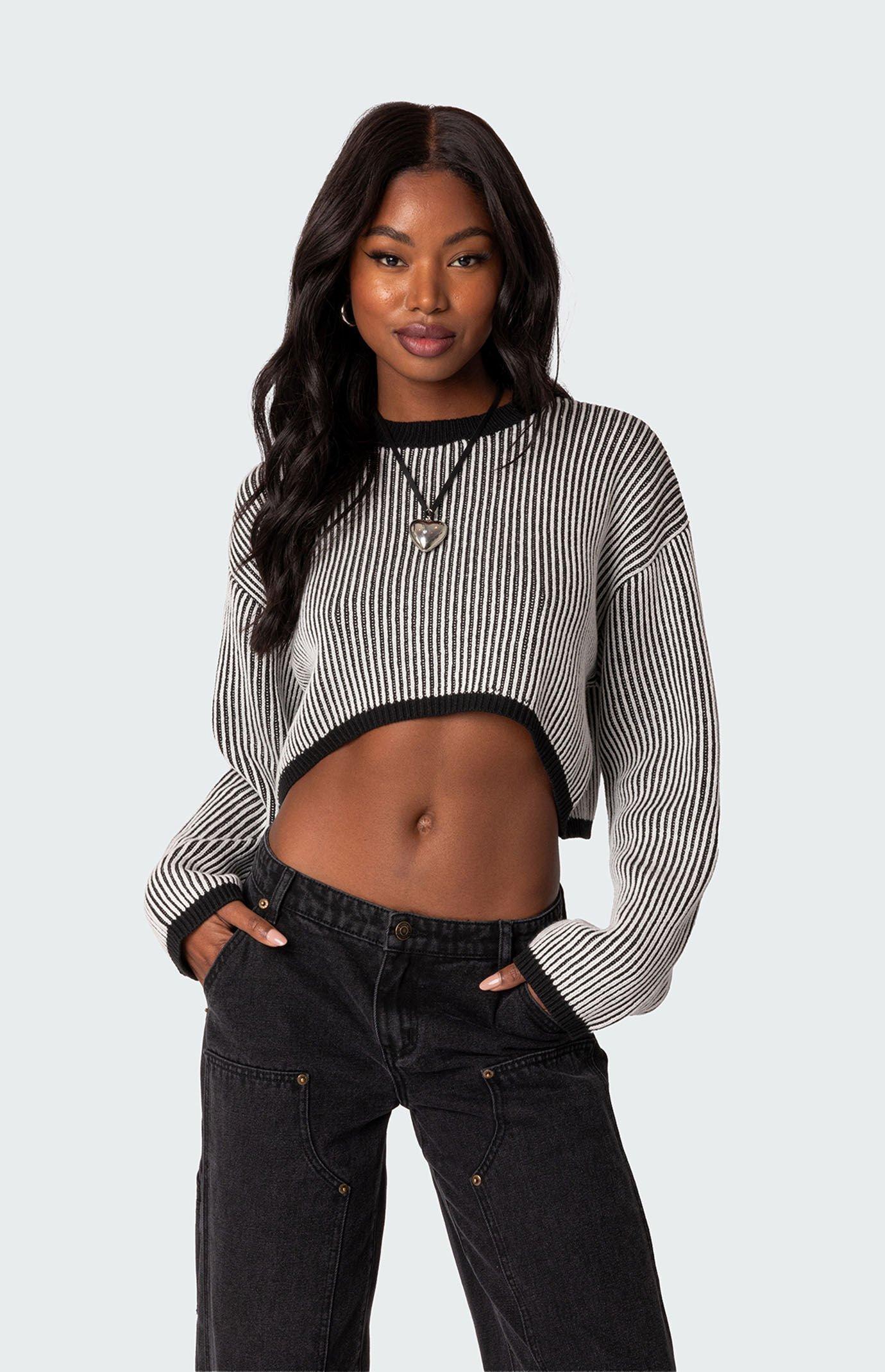 Edikted Women's Gwenyth Textured Cropped Sweater in Black/White - Product Image