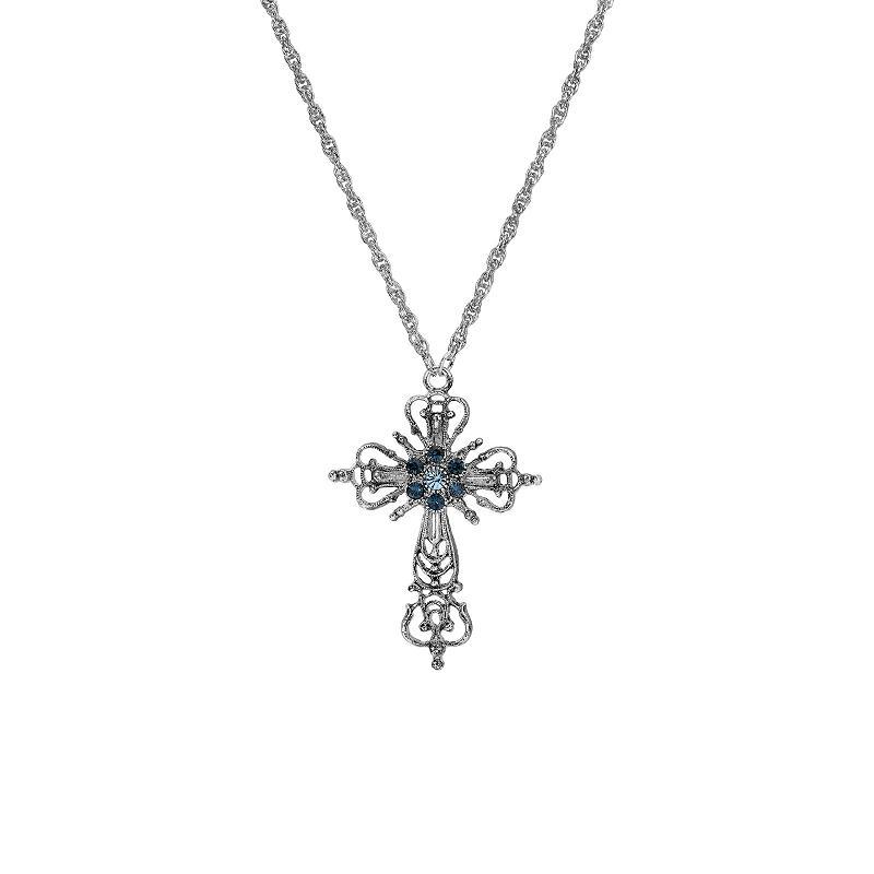 Symbols of Faith Silver Tone Cross With Blue Crystals Necklace, Womens Product Image