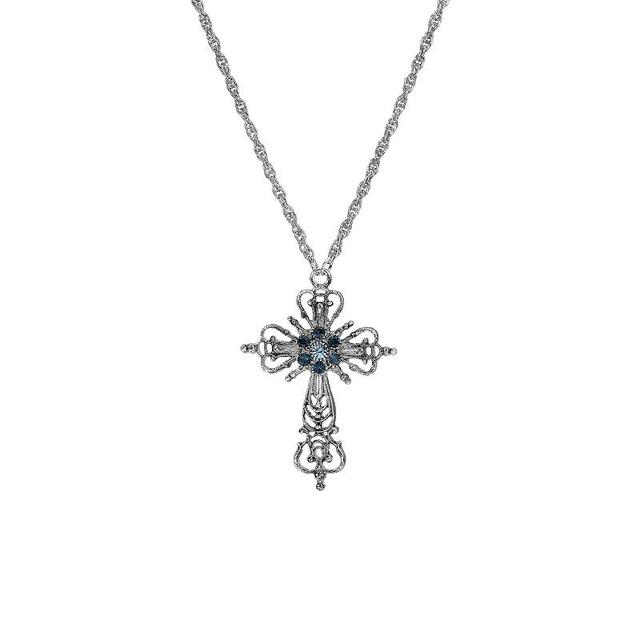 Symbols of Faith Silver Tone Cross With Blue Crystals Necklace, Womens Product Image