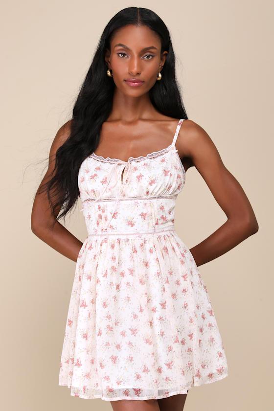 Flirty Dreamer Ivory Floral Bustier Lace Ribbon Mini Dress Product Image