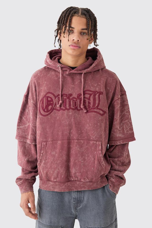 Mens Pink Oversized Boxy Faux Layer Acid Wash Ofcl Embroidered Hoodie, Pink Product Image