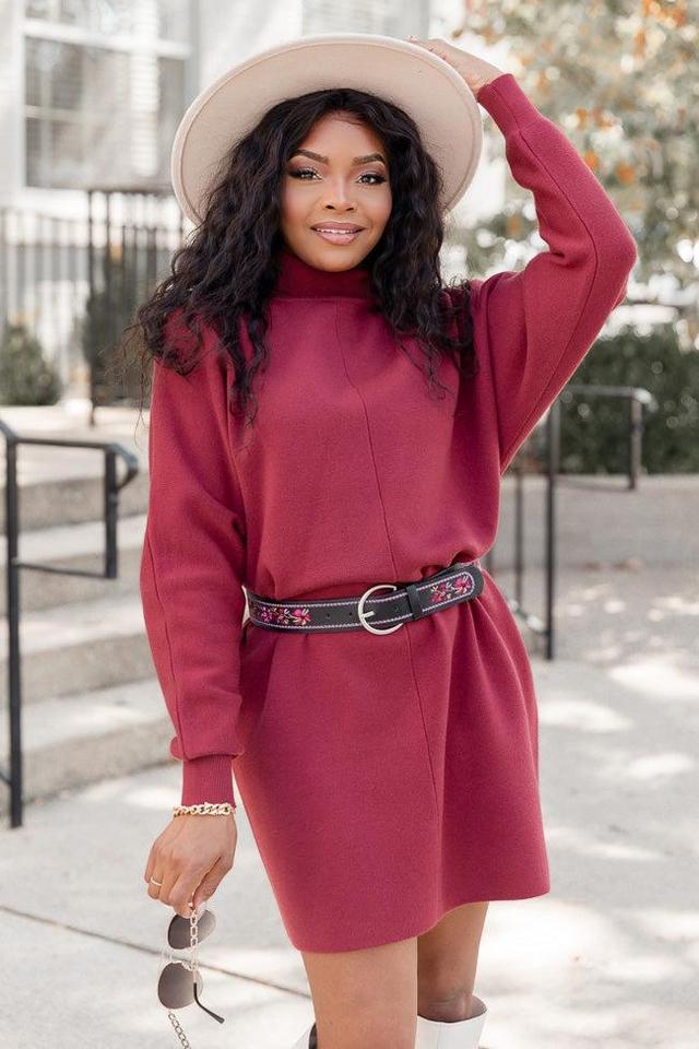 Just In Time Wine Turtleneck Sweater Dress FINAL SALE Product Image