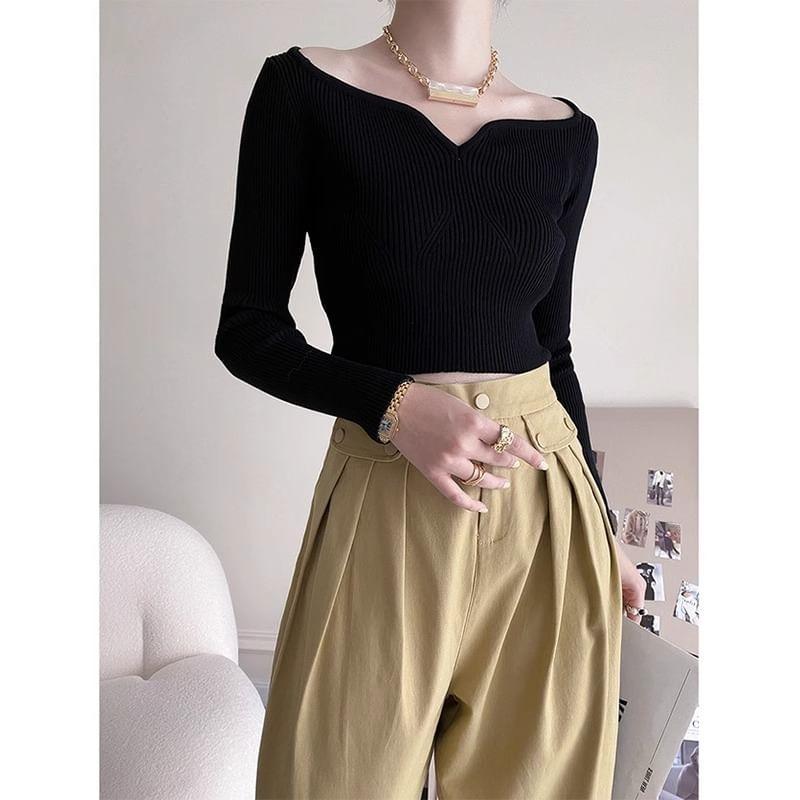 Long-Sleeve Boat Neck Plain Ribbed Crop Knit Top Product Image