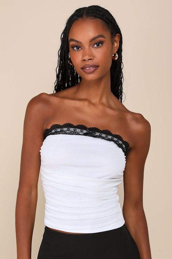 Flirty Excellence White Mesh Lace Ruched Strapless Top Product Image