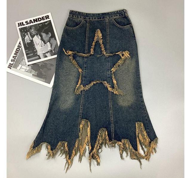 Star Applique Irregular Denim Midi A-Line Skirt Product Image