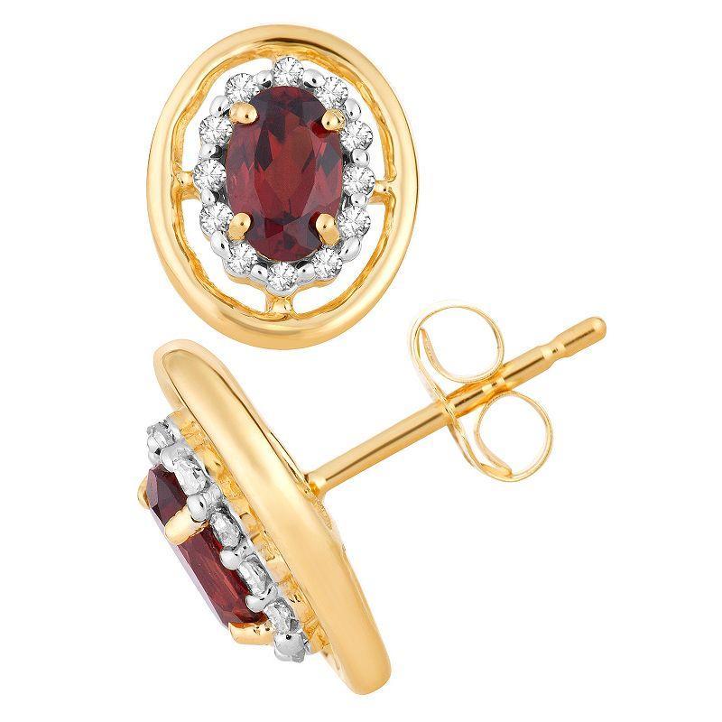 10k Gold Garnet & 1/8 Carat T.W. Diamond Oval Stud Earrings, Womens Product Image